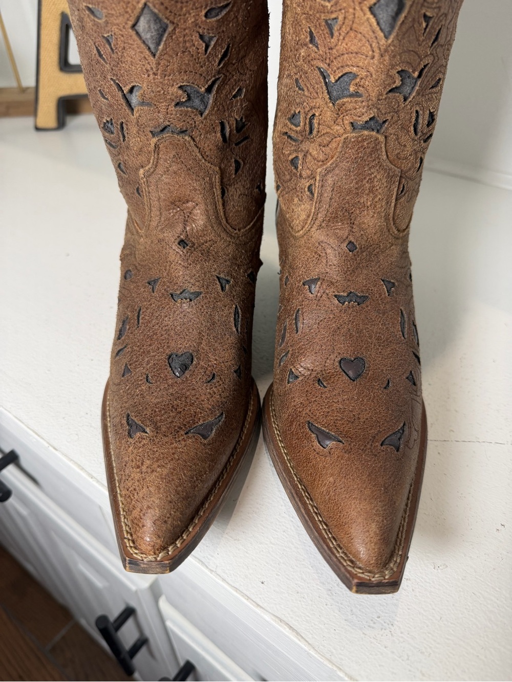 Laredo Womens 7M Brown Floral Cutout Cowboy Boots Tall Western Boho - Picture 3 of 9